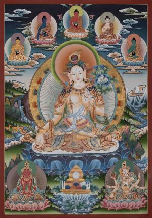 Authentic White Tara Thangka | Feature 5 Buddhas, Amitayus, and Namgyalma | Hand-Painted Buddhist Art